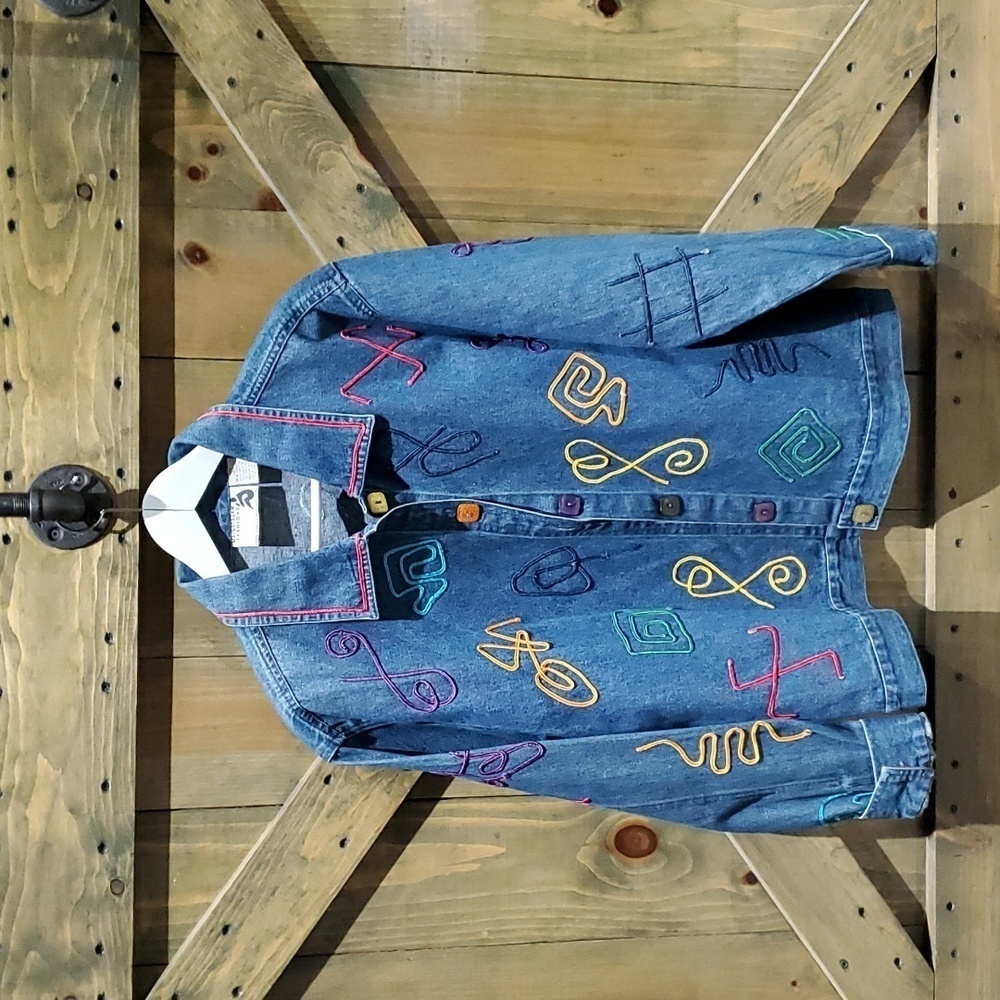 VINTAGE JEAN DENIM SHACKET BUTTONDOWN SHIRT LARGE 80s 90s ART DECO EMBROIDERED
